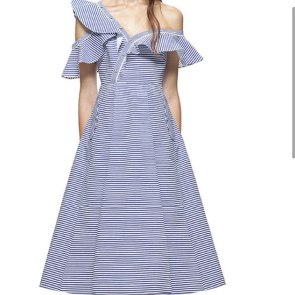 self portrait striped frill asymmertrical dress